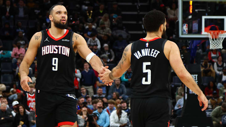 Jan 30, 2025; Memphis, Tennessee, USA; Houston Rockets forward Dillon Brooks (9) reacts with Houston Rockets guard Fred VanVleet (5) during the fourth quarter against the Memphis Grizzlies at FedExForum. Mandatory Credit: Petre Thomas-Imagn Images