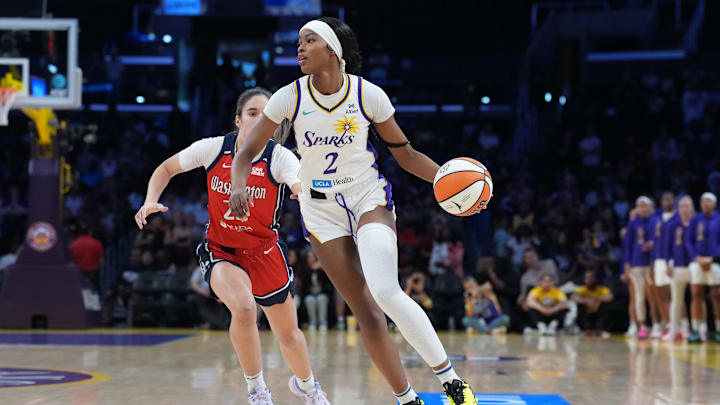 Aug 31, 2025; Los Angeles, California, USA; LA Sparks forward Rickea Jackson (2) dribbles the ball against Washington Mystics guard Sonia Citron (22) in the first half at Crypto.com Arena. Mandatory Credit: Kirby Lee-Imagn Images Aug 31, 2025; Los Angeles, California, USA; LA Sparks forward Rickea Jackson (2) dribbles the ball against Washington Mystics guard Sonia Citron (22) in the first half at Crypto.com Arena. Mandatory Credit: Kirby Lee-Imagn Images