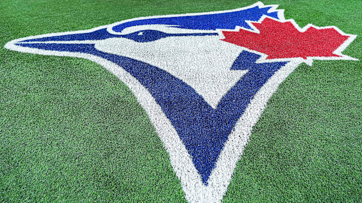 A general view of the Toronto Blue Jays logo during Opening Day before a game against the Baltimore Orioles at Rogers Centre in Toronto on March 27, 2025.