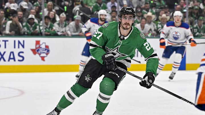May 29, 2025; Dallas, Texas, USA; Dallas Stars left wing Mason Marchment (27) in action during the game between the Dallas Stars and the Edmonton Oilers in game five of the Western Conference Final of the 2025 Stanley Cup Playoffs at American Airlines Center. Mandatory Credit: Jerome Miron-Imagn Images