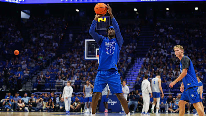 Oct 11, 2025; Lexington, KY, USA; Kentucky Wildcats guard Denzel Aberdeen (1) shoots the ball during Big Blue Madness at Rupp Arena at Central Bank Center. Mandatory Credit: Jordan Prather-Imagn Images
