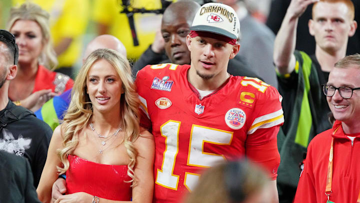 Feb 11, 2024: Kansas City Chiefs quarterback Patrick Mahomes (15) and his wife Brittany Mahomes after winning Super Bowl LVIII.