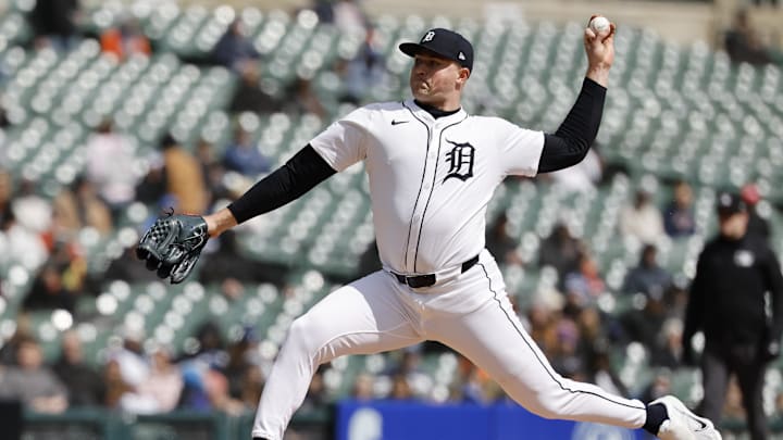 Apr 8, 2025; Detroit, Michigan, USA;  Detroit Tigers pitcher Tarik Skubal (29) pitches in the fifth inning against the New York Yankees at Comerica Park. 