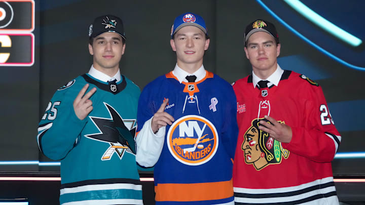 Matthew Schaefer (NYI), Michael Misa (SJS) and Anton Frondell (CHI) at the 2025 NHL Draft Matthew Schaefer (NYI), Michael Misa (SJS) and Anton Frondell (CHI) at the 2025 NHL Draft