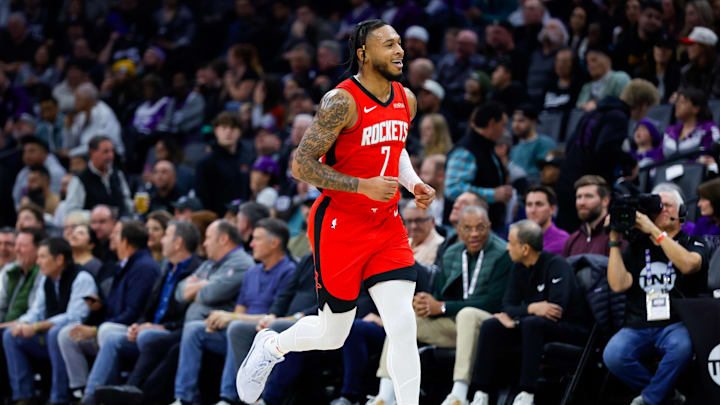 Jan 16, 2025; Sacramento, California, USA; Houston Rockets forward Cam Whitmore (7) reacts after scoring a basket during the second quarter against the Sacramento Kings at Golden 1 Center. Mandatory Credit: Sergio Estrada-Imagn Images