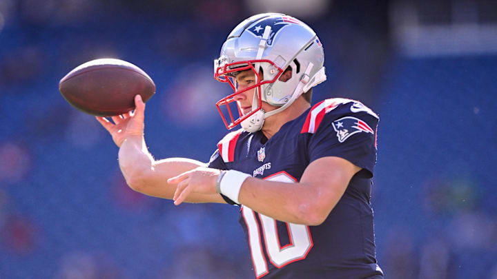 Oct 27, 2024; Foxborough, Massachusetts, USA; New England Patriots quarterback Drake Maye (10) throws the ball during warmups before a game against the New York Jets at Gillette Stadium.