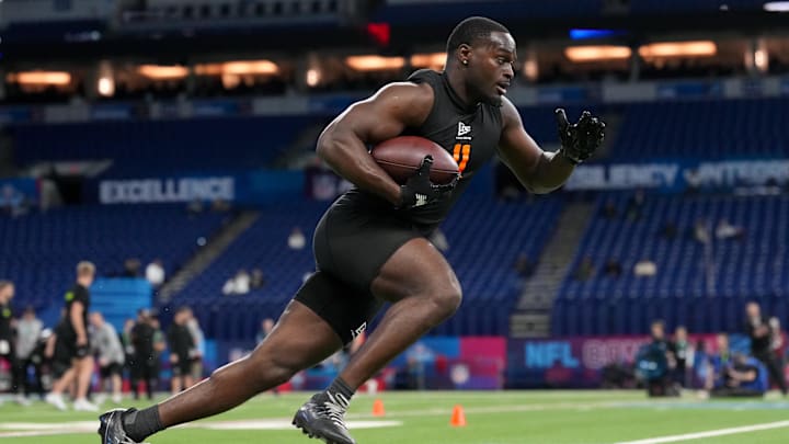 Feb 28, 2026; Indianapolis, IN, USA; Notre Dame running back Jeremiyah Love (RB11) during the NFL Scouting Combine at Lucas Oil Stadium. Mandatory Credit: Kirby Lee-Imagn Images Feb 28, 2026; Indianapolis, IN, USA; Notre Dame running back Jeremiyah Love (RB11) during the NFL Scouting Combine at Lucas Oil Stadium. Mandatory Credit: Kirby Lee-Imagn Images