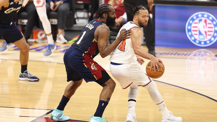 May 23, 2026; Cleveland, Ohio, USA;  New York Knicks guard Jalen Brunson (11) drives the ball against Cleveland Cavaliers guard James Harden (1) in the third quarter during game three of the eastern conference finals for the 2026 NBA playoffs at Rocket Arena. Mandatory Credit: Scott Galvin-Imagn Images