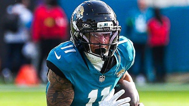 Jacksonville Jaguars wide receiver Parker Washington (11) runs during the third quarter in an NFL football AFC Wild Card playoff matchup, Sunday, Jan. 11, 2026, in Jacksonville, Fla. Bills lead 10-7 at the half over the Jaguars. 