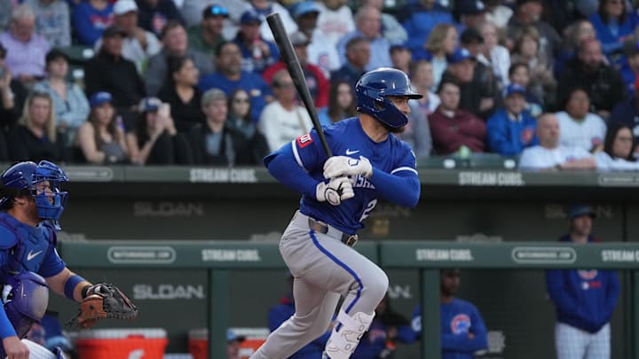 Mar 6, 2025; Mesa, Arizona, USA; Kansas City Royals outfielder Kyle Isbel (28) hits against the Chicago Cubs in the first inning at Sloan Park. Mandatory Credit: Rick Scuteri-Imagn Images Mar 6, 2025; Mesa, Arizona, USA; Kansas City Royals outfielder Kyle Isbel (28) hits against the Chicago Cubs in the first inning at Sloan Park. Mandatory Credit: Rick Scuteri-Imagn Images