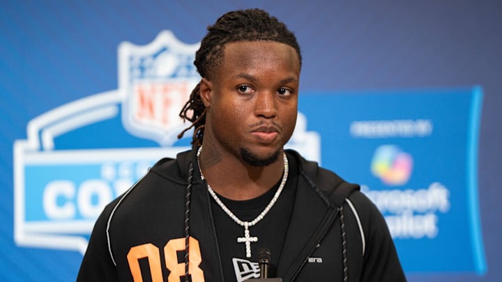 Feb 27, 2026; Indianapolis, IN, USA; Indiana running back Roman Hemby (RB08) speaks to members of the media during the NFL Combine at the Indiana Convention Center. Mandatory Credit: Jacob Musselman-Imagn Images