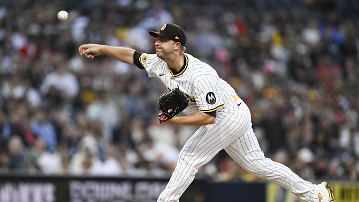 May 12, 2025; San Diego, California, USA; San Diego Padres starting pitcher Michael King (34) delivers during the second inning against the Los Angeles Angels at Petco Park. Mandatory Credit: Denis Poroy-Imagn Images