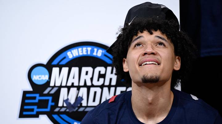 Mar 28, 2026; San Jose, CA, USA; Arizona Wildcats guard Brayden Burries (5) reacts after an Elite Eight game against the Purdue Boilermakers of the West Regional of the men's 2026 NCAA Tournament at SAP Center. Mandatory Credit: Eakin Howard-Imagn Images