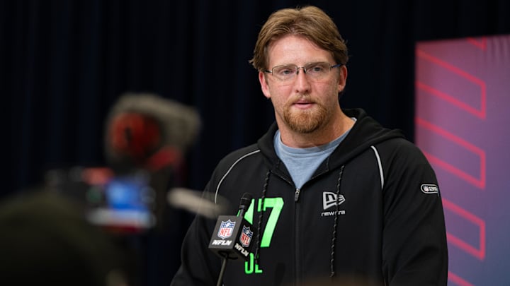 Feb 28, 2026; Indianapolis, IN, USA; Florida offensive lineman Jake Slaughter (OL47) speaks to members of the media during the NFL Combine at the Indiana Convention Center. Mandatory Credit: Jacob Musselman-Imagn Images
