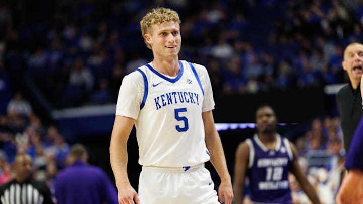 Oct 23, 2024; Lexington, KY, USA; Kentucky Wildcats guard Collin Chandler (5) reacts during the second half against the Kentucky Wesleyan Panthers at Rupp Arena at Central Bank Center. Mandatory Credit: Jordan Prather-Imagn Images