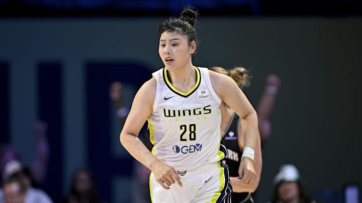 Aug 8, 2025; Arlington, Texas, USA; Dallas Wings center Li Yueru (28) in action during the game between the Dallas Wings and the New York Liberty at College Park Center. Mandatory Credit: Jerome Miron-Imagn Images
