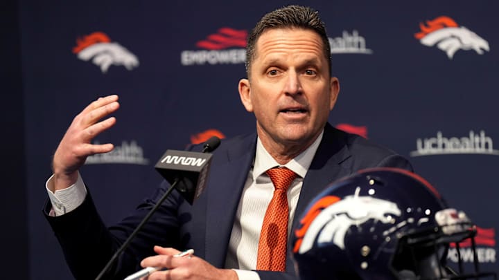 Feb 6, 2023; Englewood, CO, USA; General manager George Paton speaks during a press conference at