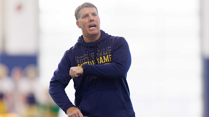Notre Dame defensive coordinator Chris Ash during a Notre Dame football spring practice at Irish Athletic Center on Wednesday, March 26, 2025, in South Bend.