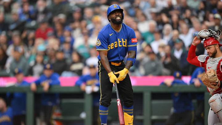 Jul 2, 2026; Seattle, Washington, USA; Seattle Mariners left fielder Randy Arozarena (56) reacts to getting hit by a pitch during the first inning against the Los Angeles Angels at T-Mobile Park. Mandatory Credit: Steven Bisig-Imagn Images Jul 2, 2026; Seattle, Washington, USA; Seattle Mariners left fielder Randy Arozarena (56) reacts to getting hit by a pitch during the first inning against the Los Angeles Angels at T-Mobile Park. Mandatory Credit: Steven Bisig-Imagn Images