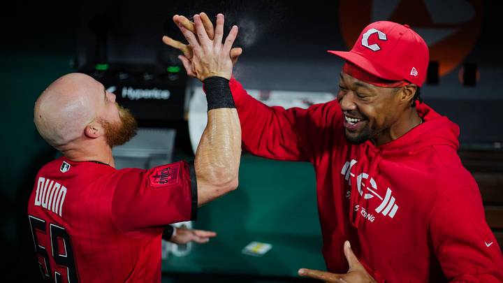 May 23, 2026; Cincinnati, Ohio, USA;  Cincinnati Reds outfielder Blake Dunn (59) high-fives outfielder Will Benson (30) after defeating the St. Louis Cardinals at Great American Ball Park. Mandatory Credit: Aaron Doster-Imagn Images