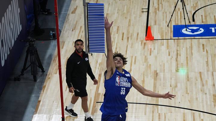 May 12, 2026; Chicago, IL, USA; Keaton Wagler participates in the 2026 NBA Draft Combine at Wintrust Arena. Mandatory Credit: David Banks-Imagn Images