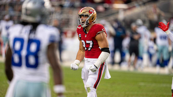 Oct 27, 2024; Santa Clara, California, USA; San Francisco 49ers defensive end Nick Bosa (97) celebrates after the sack of Dallas Cowboys quarterback Dak Prescott (not pictured) during the second quarter at Levi's Stadium. Mandatory Credit: Neville E. Guard-Imagn Images Oct 27, 2024; Santa Clara, California, USA; San Francisco 49ers defensive end Nick Bosa (97) celebrates after the sack of Dallas Cowboys quarterback Dak Prescott (not pictured) during the second quarter at Levi's Stadium. Mandatory Credit: Neville E. Guard-Imagn Images