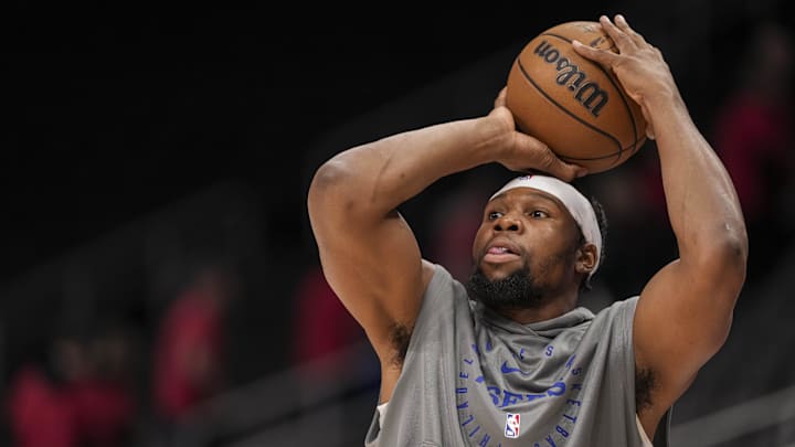 Mar 10, 2025; Atlanta, Georgia, USA; Philadelphia 76ers forward Guerschon Yabusele (28) on the court prior to the game against the Atlanta Hawks at State Farm Arena. Mandatory Credit: Dale Zanine-Imagn Images