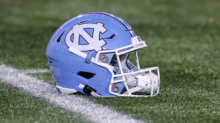 Oct 28, 2023; Atlanta, Georgia, USA; A detailed view of a North Carolina Tar Heels helmet on the field before a game against the Georgia Tech Yellow Jackets at Bobby Dodd Stadium at Hyundai Field. Mandatory Credit: Brett Davis-Imagn Images
