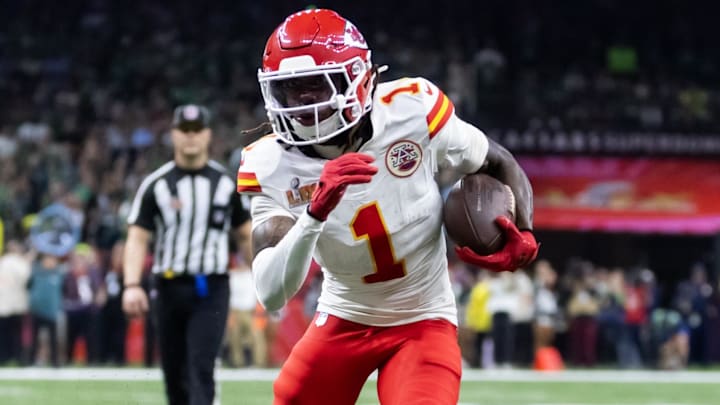 Feb 9, 2025; New Orleans, LA, USA;  Kansas City Chiefs wide receiver Xavier Worthy (1) against the Philadelphia Eagles in Super Bowl LIX at Ceasars Superdome. Mandatory Credit: Mark J. Rebilas-Imagn Images