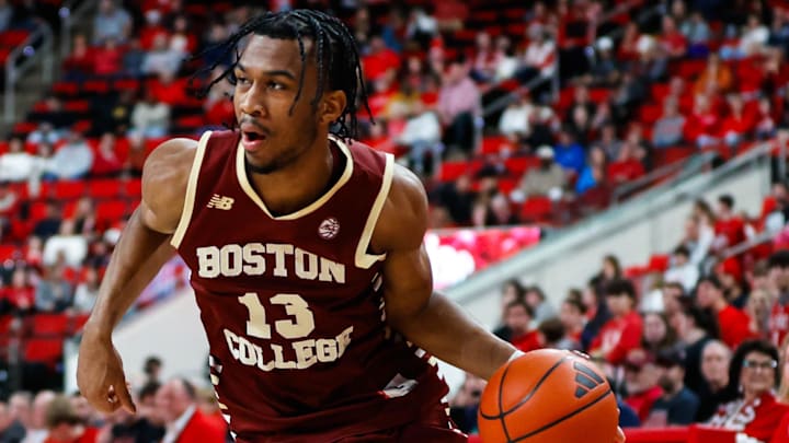 Feb 15, 2025; Raleigh, North Carolina, USA; Boston College Eagles guard Donald Hand Jr. (13) dribbles with the ball during the second half of the game against North Carolina State Wolfpack at Lenovo Center. Mandatory Credit: Jaylynn Nash-Imagn Images Feb 15, 2025; Raleigh, North Carolina, USA; Boston College Eagles guard Donald Hand Jr. (13) dribbles with the ball during the second half of the game against North Carolina State Wolfpack at Lenovo Center. Mandatory Credit: Jaylynn Nash-Imagn Images