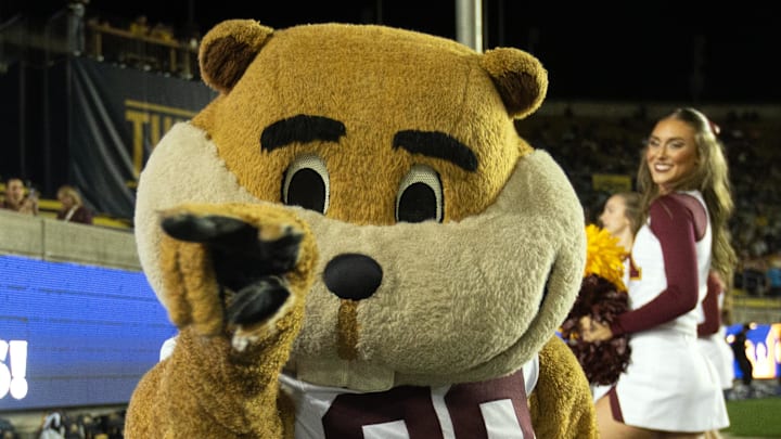Sep 13, 2025; Berkeley, California, USA; The Minnesota Golden Gopher mascot teases a photographer during the second quarter against the California Golden Bears at California Memorial Stadium. Mandatory Credit: D. Ross Cameron-Imagn Images