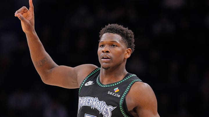 Feb 9, 2026; Minneapolis, Minnesota, USA; Minnesota Timberwolves guard Anthony Edwards (5) against the Atlanta Hawks in the fourth quarter at Target Center. Mandatory Credit: Brad Rempel-Imagn Images