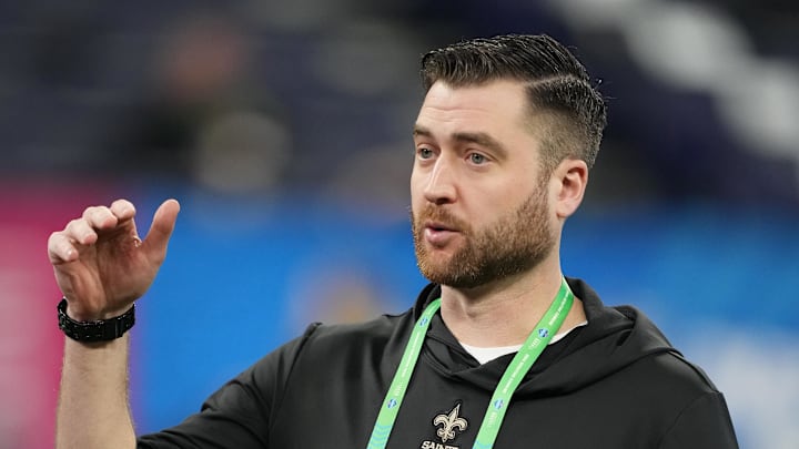 Mar 2, 2024; Indianapolis, IN, USA; New Orleans Saints quarterbacks coach Andrew Janocko during the 2024 NFL Combine at Lucas Oil Stadium. Mandatory Credit: Kirby Lee-Imagn Images