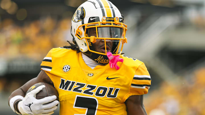 Sep 21, 2024; Columbia, Missouri, USA; Missouri Tigers wide receiver Luther Burden III (3) scores a touchdown during the first half against the Vanderbilt Commodores at Faurot Field at Memorial Stadium. Mandatory Credit: Jay Biggerstaff-Imagn Images