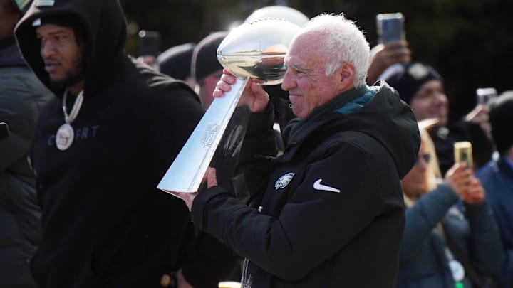Feb 14, 2025; Philadelphia, PA, USA; Philadelphia Eagles owner Jeffrey Lurie with the Vince Lombardi Trophy during the Super Bowl LIX championship parade and rally. 