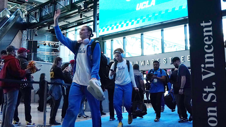 Mar 8, 2025; Indianapolis, IN, USA; UCLA Bruins guard Gabriela Jaquez (11) waves to the fans before the Big Ten Conference Championship at Gainbridge Fieldhouse. Mandatory Credit: Stephanie Amador Blondet-Imagn Images Mar 8, 2025; Indianapolis, IN, USA; UCLA Bruins guard Gabriela Jaquez (11) waves to the fans before the Big Ten Conference Championship at Gainbridge Fieldhouse. Mandatory Credit: Stephanie Amador Blondet-Imagn Images
