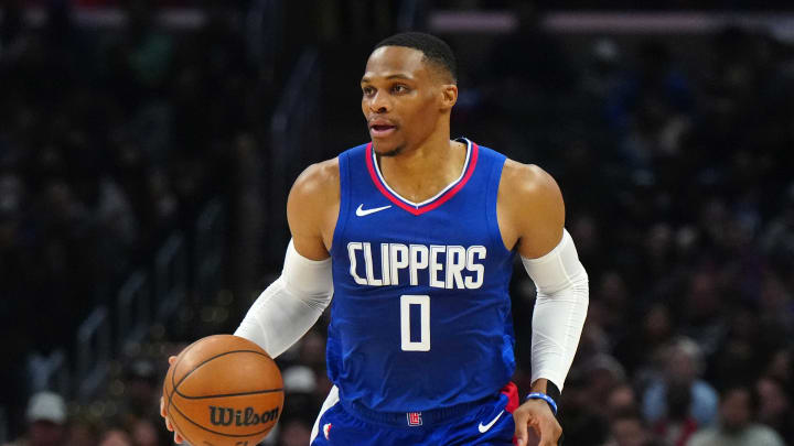 Dec 6, 2023; Los Angeles, California, USA; LA Clippers guard Russell Westbrook (0) dribbles the ball against the Sacramento Kings in the first half at Crypto.com Arena. Dec 6, 2023; Los Angeles, California, USA; LA Clippers guard Russell Westbrook (0) dribbles the ball against the Sacramento Kings in the first half at Crypto.com Arena.