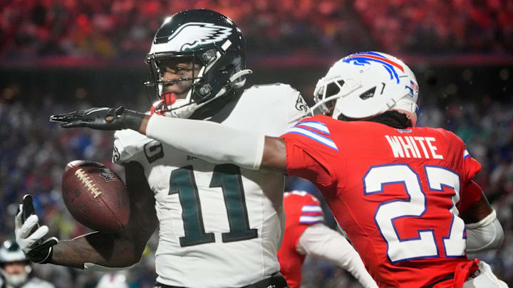 Dec 28, 2025; Orchard Park, New York, USA; Buffalo Bills cornerback Tre'Davious White (27) breaks up a pass intended for Philadelphia Eagles wide receiver A.J. Brown (11) during the second quarter at Highmark Stadium. Mandatory Credit: Gregory Fisher-Imagn Images