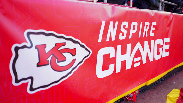 Dec 21, 2024; Kansas City, Missouri, USA; A general view of the NFL Inspire Change logo on field prior to a game between the Kansas City Chiefs and Houston Texans at GEHA Field at Arrowhead Stadium. Mandatory Credit: Denny Medley-Imagn Images
