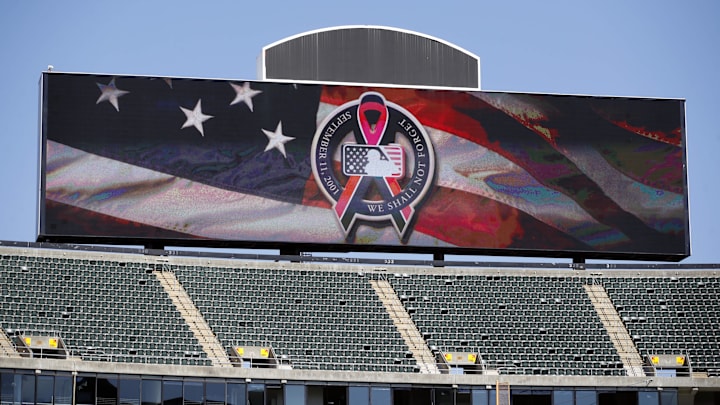Sep 11, 2021; Oakland, California, USA; The main scoreboard displays the logo to commemorate 9/11