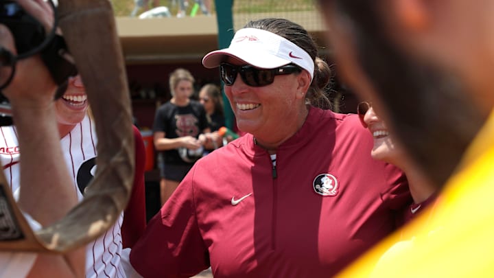 Florida State Seminoles head coach Lonni Alameda celebrates her team's victory. The Florida State