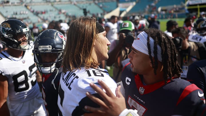 Jacksonville Jaguars quarterback Trevor Lawrence (16) and Houston Texans quarterback C.J. Stroud (7) talk after the game of an NFL football matchup Sunday, Sept. 24, 2023 at EverBank Stadium in Jacksonville, Fla. The Houston Texans defeated the Jacksonville Jaguars 37-17. [Corey Perrine/Florida Times-Union]