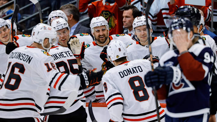 Oct 28, 2024; Denver, Colorado, USA; Chicago Blackhawks left wing Nick Foligno (17) and left wing Taylor Hall (71) and center Philipp Kurashev (23) celebrate with right wing Ilya Mikheyev (95) and center Ryan Donato (8) and center Jason Dickinson (16) after a goal against the Colorado Avalanche in the third period at Ball Arena. Mandatory Credit: Isaiah J. Downing-Imagn Images