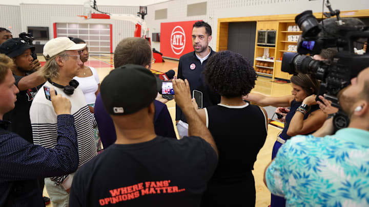 Jun 28, 2024; Atlanta, Georgia, USA; Atlanta Hawks general manager Landry Fields talks to the media at the Emory Sports Medicine Complex. Mandatory Credit: Brett Davis-Imagn Images
