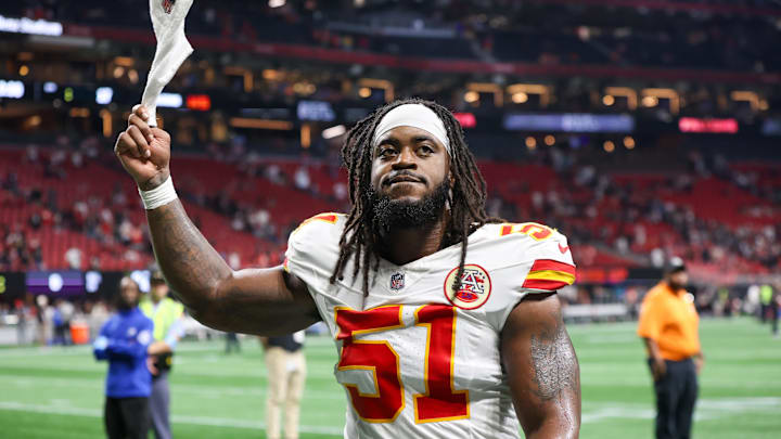 Kansas City Chiefs defensive end Mike Danna (51) celebrates after a victory over the Atlanta Falcons at Mercedes-Benz Stadium. Kansas City Chiefs defensive end Mike Danna (51) celebrates after a victory over the Atlanta Falcons at Mercedes-Benz Stadium.