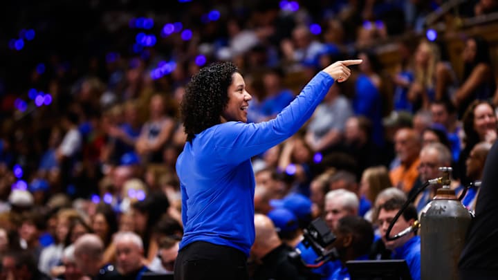 Oct 4, 2024; Durham, NC, USA; Duke Blue Devils head coach Kara Lawson addresses the fans during Countdown to Craziness at Cameron Indoor Stadium. Mandatory Credit: Jaylynn Nash-Imagn Images Oct 4, 2024; Durham, NC, USA; Duke Blue Devils head coach Kara Lawson addresses the fans during Countdown to Craziness at Cameron Indoor Stadium. Mandatory Credit: Jaylynn Nash-Imagn Images