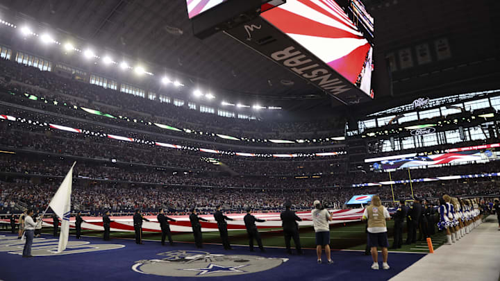 General view of the field during the national anthem before the game between the Dallas Cowboys and Tampa Bay Buccaneers.