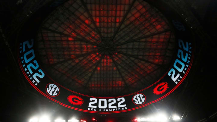 The roof of Mercedes-Benz Stadium is lit up red and black for Georgia celebration after winning the SEC Championship NCAA college football game between LSU and Georgia in Atlanta, on Saturday, Dec. 3, 2022. Georgia won 50-30.
News Joshua L Jones The roof of Mercedes-Benz Stadium is lit up red and black for Georgia celebration after winning the SEC Championship NCAA college football game between LSU and Georgia in Atlanta, on Saturday, Dec. 3, 2022. Georgia won 50-30.
News Joshua L Jones