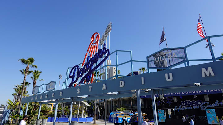 Apr 29, 2025; Los Angeles, California, USA; The Los Angeles Dodgers logo in the outfield pavilion at Dodger Stadium. Mandatory Credit: Kirby Lee-Imagn Images