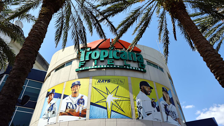 Mar 30, 2023; St. Petersburg, Florida, USA;  A general view of the outside of Tropicana Field on opening day between the  Tampa Bay Rays and against the Detroit Tigers.